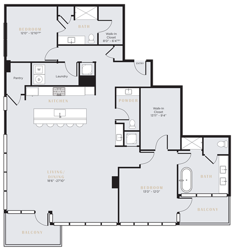 Floor plan for 2 beds, 2.5 baths, 2380 sqft